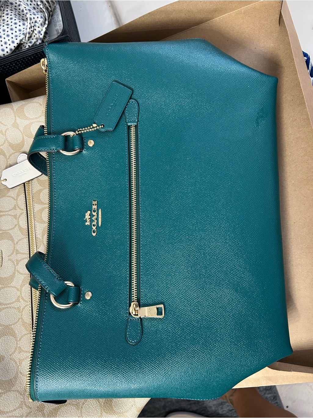 Coach Teal Saffiano Leather Zip-Front Tote With Gold Hardware